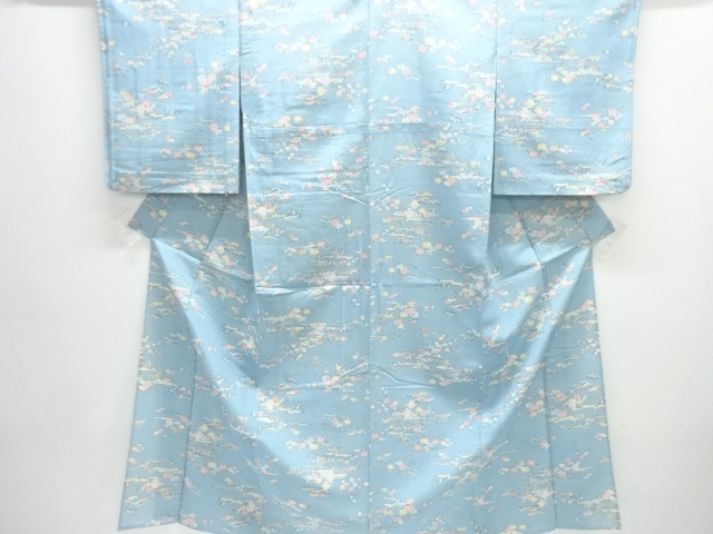 JAPANESE KIMONO / ANTIQUE HITOE KIMONO / SILK / TSUMUGI / WOVEN HOUSES & FLORAL PLANTS